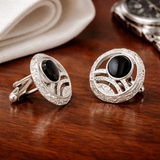 1960s Modernist Cufflinks Set Large Mad Men Era Silver Tone Metal Circular Cufflinks with Round Black Inset Stones