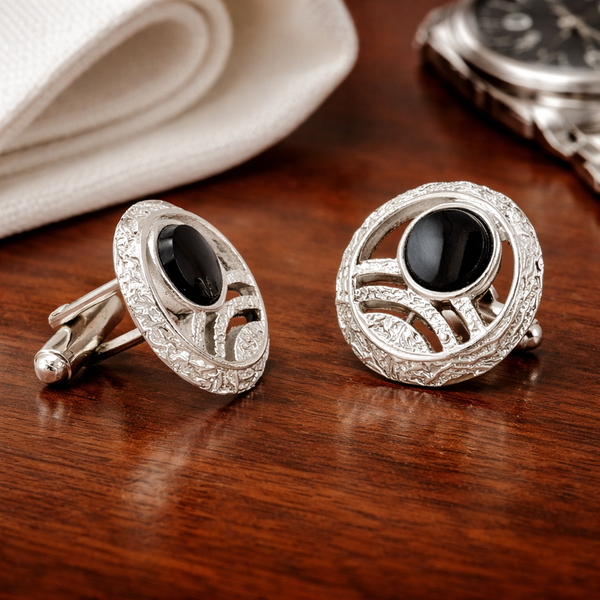 1960s Modernist Cufflinks Set Large Mad Men Era Silver Tone Metal Circular Cufflinks with Round Black Inset Stones