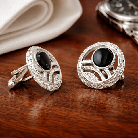 1960s Modernist Cufflinks Set Large Mad Men Era Silver Tone Metal Circular Cufflinks with Round Black Inset Stones