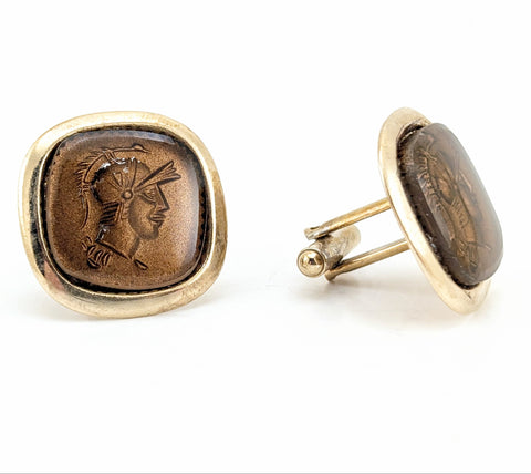 1950s-60s Centurion Cufflinks Mad Men Era Vintage Men's Gold Tone Metal Cufflinks with Copper Reverse Painted Centurion Head / Bust Design