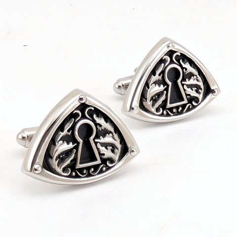 1960s Keyhole Cufflinks Set Mid Century Modern Silver Tone Metal Cufflinks with Antique Skeleton Key Hole designs by HICKOK