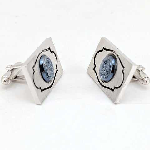 1950s-60s Hematite Centurion Cufflinks Set Silver Tone Rectangular Mad Men Era Men's Vintage Cufflinks with Gladiator Cameo Design
