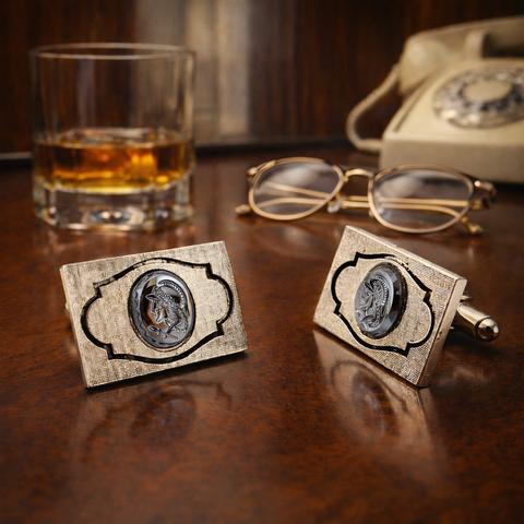 1950s-60s Hematite Centurion Cufflinks Set Silver Tone Rectangular Mad Men Era Men's Vintage Cufflinks with Gladiator Cameo Design