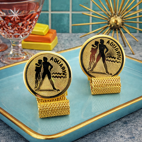 1960s AQUARIUS Zodiac Cufflinks Large Men's Vintage Gold Tone Metal Wrap-a-round Cuff Link Set with Aquarius Water Carrier Design by Dante