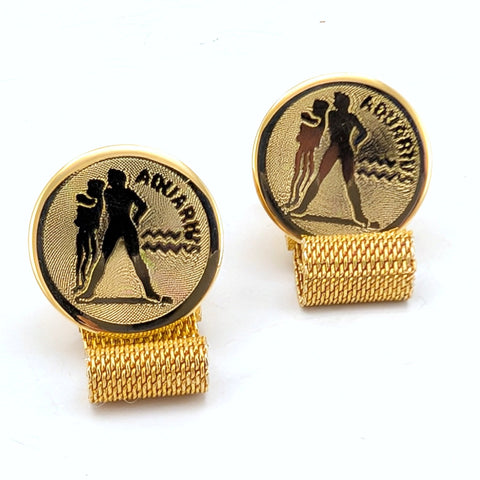 1960s AQUARIUS Zodiac Cufflinks Large Men's Vintage Gold Tone Metal Wrap-a-round Cuff Link Set with Aquarius Water Carrier Design by Dante