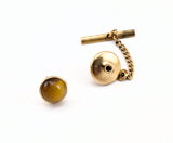 1960s-70s Tiger's Eye Tie Pin Mad Men Era Gold Tone Metal Tie Tack with Honey Brown Colored Natural Stone