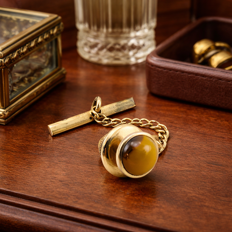 1960s-70s Tiger's Eye Tie Pin Mad Men Era Gold Tone Metal Tie Tack with Honey Brown Colored Natural Stone
