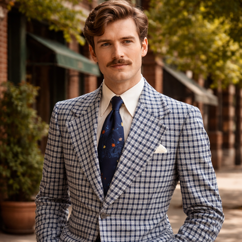 1970s Vintage Blue Plaid Men's Suit Jacket Blue & White Soft Woven Wool Blend Blazer / Sport Coat by Walton Clothes - Size 42 Long (LARGE)