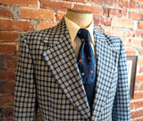 1970s Vintage Blue Plaid Men's Suit Jacket Blue & White Soft Woven Wool Blend Blazer / Sport Coat by Walton Clothes - Size 42 Long (LARGE)