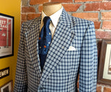1970s Vintage Blue Plaid Men's Suit Jacket Blue & White Soft Woven Wool Blend Blazer / Sport Coat by Walton Clothes - Size 42 Long (LARGE)