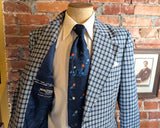 1970s Vintage Blue Plaid Men's Suit Jacket Blue & White Soft Woven Wool Blend Blazer / Sport Coat by Walton Clothes - Size 42 Long (LARGE)