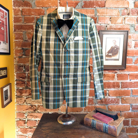 1950s Men's Plaid Sport Coat / Suit Jacket Vintage Green, Blue & White Plaid Blazer by Ray Gilbert - Size Men's 34 (SMALL)
