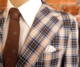 1960s-70s Men's Plaid Sport Coat Disco Era Vintage Brown and White Suit Jacket / Blazer by A.J. August Clothing Co. - Size Men's 36 (SMALL)