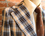 1960s-70s Men's Plaid Sport Coat Disco Era Vintage Brown and White Suit Jacket / Blazer by A.J. August Clothing Co. - Size Men's 36 (SMALL)