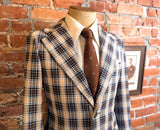 1960s-70s Men's Plaid Sport Coat Disco Era Vintage Brown and White Suit Jacket / Blazer by A.J. August Clothing Co. - Size Men's 36 (SMALL)