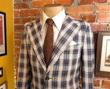 1960s-70s Men's Plaid Sport Coat Disco Era Vintage Brown and White Suit Jacket / Blazer by A.J. August Clothing Co. - Size Men's 36 (SMALL)