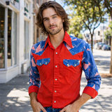 1970s Vintage Red, White & Blue Western Shirt Men's Cowboy Style Long Sleeve Pearl Snap Shirt Bandana design Yokes and Pockets - Size MEDIUM