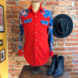 1970s Vintage Red, White & Blue Western Shirt Men's Cowboy Style Long Sleeve Pearl Snap Shirt Bandana design Yokes and Pockets - Size MEDIUM