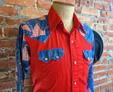 1970s Vintage Red, White & Blue Western Shirt Men's Cowboy Style Long Sleeve Pearl Snap Shirt Bandana design Yokes and Pockets - Size MEDIUM