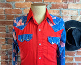 1970s Vintage Red, White & Blue Western Shirt Men's Cowboy Style Long Sleeve Pearl Snap Shirt Bandana design Yokes and Pockets - Size MEDIUM