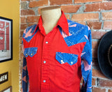 1970s Vintage Red, White & Blue Western Shirt Men's Cowboy Style Long Sleeve Pearl Snap Shirt Bandana design Yokes and Pockets - Size MEDIUM