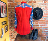 1970s Vintage Red, White & Blue Western Shirt Men's Cowboy Style Long Sleeve Pearl Snap Shirt Bandana design Yokes and Pockets - Size MEDIUM