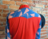 1970s Vintage Red, White & Blue Western Shirt Men's Cowboy Style Long Sleeve Pearl Snap Shirt Bandana design Yokes and Pockets - Size MEDIUM