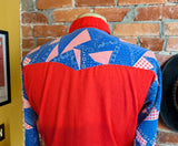 1970s Vintage Red, White & Blue Western Shirt Men's Cowboy Style Long Sleeve Pearl Snap Shirt Bandana design Yokes and Pockets - Size MEDIUM