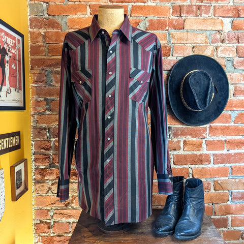 1980s Vintage White Horse Western Shirt Men's Cowboy Style Black, Gray & Burgundy Striped Long Sleeve Pearl Snap Shirt - Size XXL