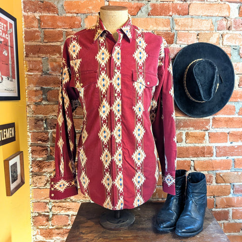 1980s Vintage Wrangler Aztec Design Red Western Shirt Men's Cowboy Style Long Sleeve Pearl Snap Shirt - Size XL