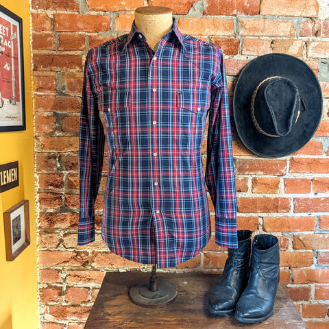 1980s Vintage Wrangler Plaid Western Shirt Men's Blue, Red & White Cowboy Style Long Sleeve Pearl Snap Shirt - Size SMALL