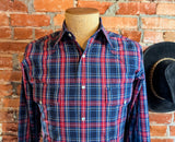 1980s Vintage Wrangler Plaid Western Shirt Men's Blue, Red & White Cowboy Style Long Sleeve Pearl Snap Shirt - Size SMALL