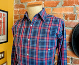 1980s Vintage Wrangler Plaid Western Shirt Men's Blue, Red & White Cowboy Style Long Sleeve Pearl Snap Shirt - Size SMALL