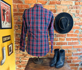 1980s Vintage Wrangler Plaid Western Shirt Men's Blue, Red & White Cowboy Style Long Sleeve Pearl Snap Shirt - Size SMALL