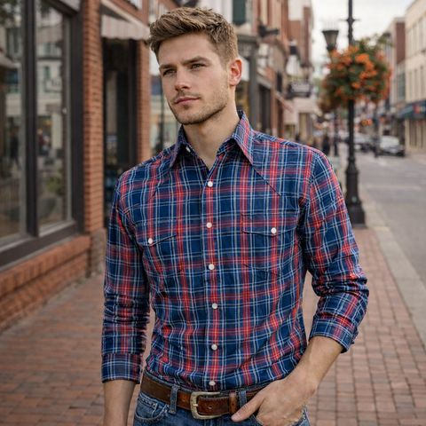 1980s Vintage Wrangler Plaid Western Shirt Men's Blue, Red & White Cowboy Style Long Sleeve Pearl Snap Shirt - Size SMALL