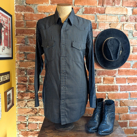1980s Vintage Black Striped Western Dress Shirt Men's Cowboy Style Long Sleeve Black Pearl Snap Shirt Gold Collection by KARMAN - Size LARGE