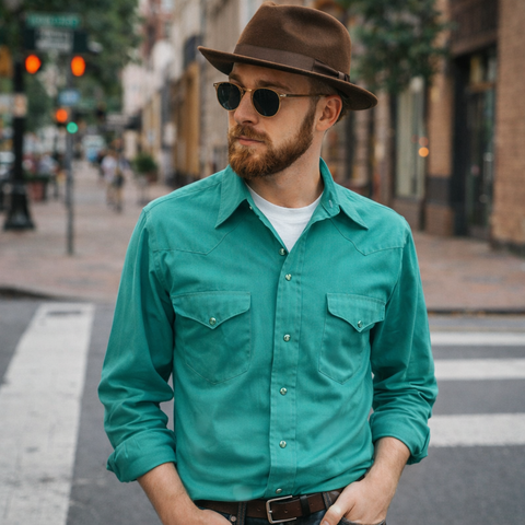 1970s Vintage Turquoise Western Shirt Men's Cowboy Style Long Sleeve Pearl Snap by Mesquite Niver Western Wear Fort Worth, TX - Size LARGE