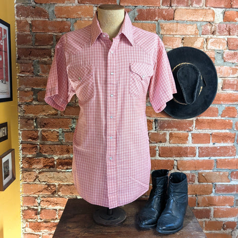 1980s Vintage Pink Plaid Western Shirt Men's Cowboy Style Short Sleeve Pearl Snap Shirt by Ruddock Shirts - Size 17-1/2 XL