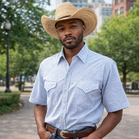 1980s Vintage ELY Cattleman Blue Plaid Western Shirt Men's Cowboy Style Pearl Snap Short Sleeve Shirt by ELY Cattleman - Size XL