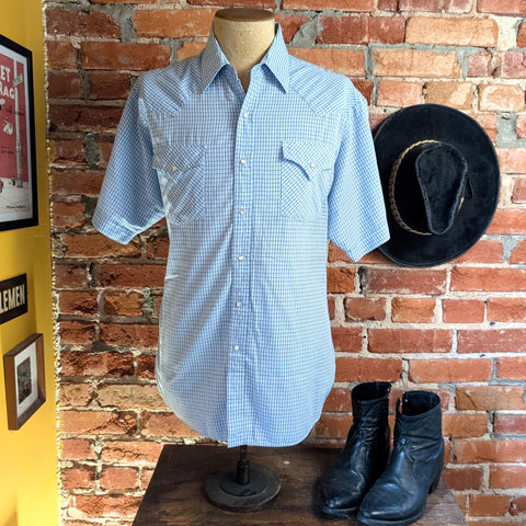1980s Vintage ELY Cattleman Blue Plaid Western Shirt Men's Cowboy Style Pearl Snap Short Sleeve Shirt by ELY Cattleman - Size XL