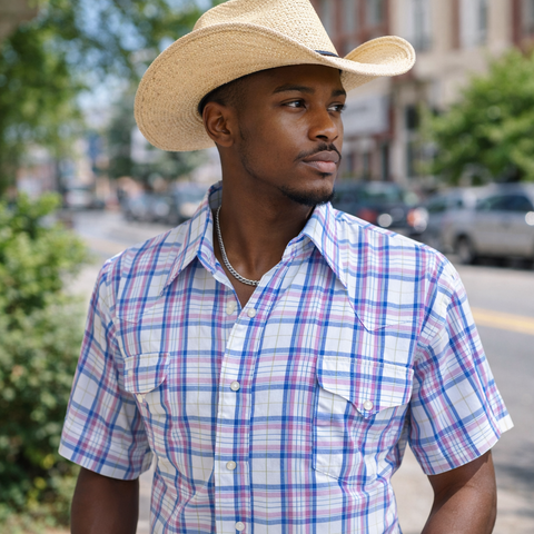 1980s Vintage Flying R Ranchwear Purple & White Plaid Western Shirt Men's Cowboy Style Short Sleeve Pearl Snap Shirt by Ruddock - Size XL