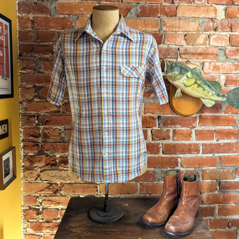 1960s Plaid Men's Shirt Vintage White, Brown, Yellow and Blue Short Sleeve Cotton/Poly Blend Shirt - Size MEDIUM
