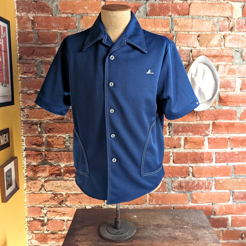 1960s-70s Vintage Men's Swim Top Short Sleeve Blue Pool Shirt with anchor buttons & white topstitching Catalina of California - Size MEDIUM