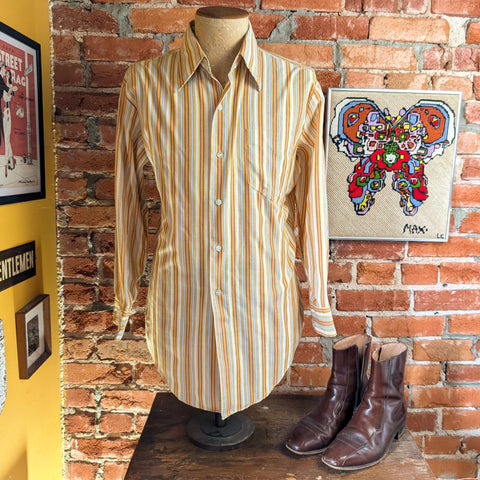 1960s Mod Striped Men's Vintage Long Sleeve Mad Men Era Gold, Orange, Brown, Blue & White Perma Press Shirt from Fleetline - Size LARGE