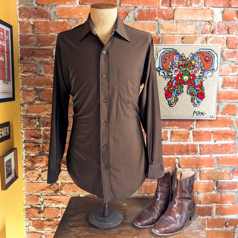 1970s Qiana Nylon Disco Era Men's Vintage Long Sleeve Brown Shirt by Royal Knight - Size MEDIUM