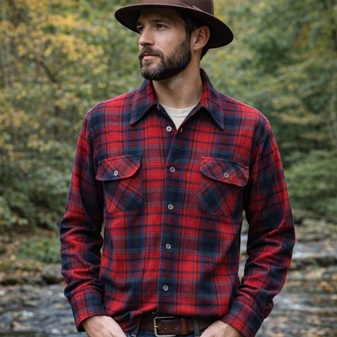 1970s Arrow Wool Shirt Red, Black, Blue & Green Plaid Men's Vintage Hunting / Lumberjack Loop Collar Board Shirt from Cluett - Size MEDIUM