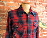 1970s Arrow Wool Shirt Red, Black, Blue & Green Plaid Men's Vintage Hunting / Lumberjack Loop Collar Board Shirt from Cluett - Size MEDIUM