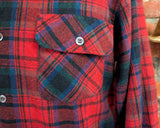 1970s Arrow Wool Shirt Red, Black, Blue & Green Plaid Men's Vintage Hunting / Lumberjack Loop Collar Board Shirt from Cluett - Size MEDIUM