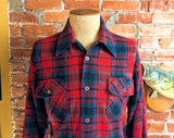 1970s Arrow Wool Shirt Red, Black, Blue & Green Plaid Men's Vintage Hunting / Lumberjack Loop Collar Board Shirt from Cluett - Size MEDIUM
