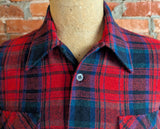 1970s Arrow Wool Shirt Red, Black, Blue & Green Plaid Men's Vintage Hunting / Lumberjack Loop Collar Board Shirt from Cluett - Size MEDIUM